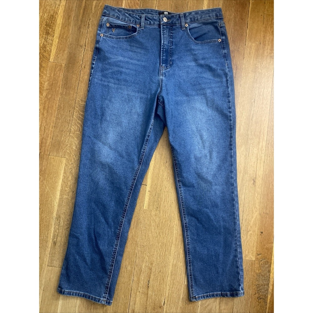 Frye Blue Denim Mid Rise Jeans Women's Size 34x27 Faded Straight Leg